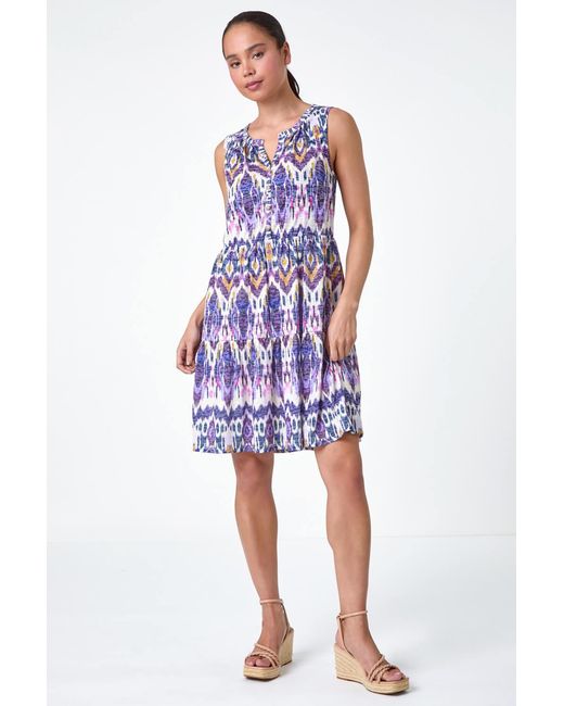 Roman Petite Blue Aztec Print Button Front Dress