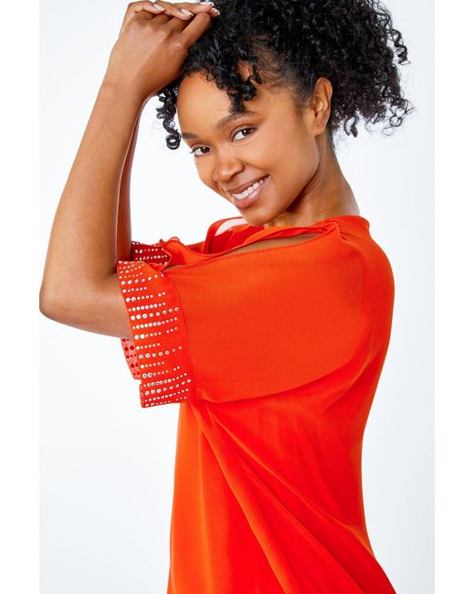 Roman Petite Orange Hotfix Detail Cold Shoulder Top