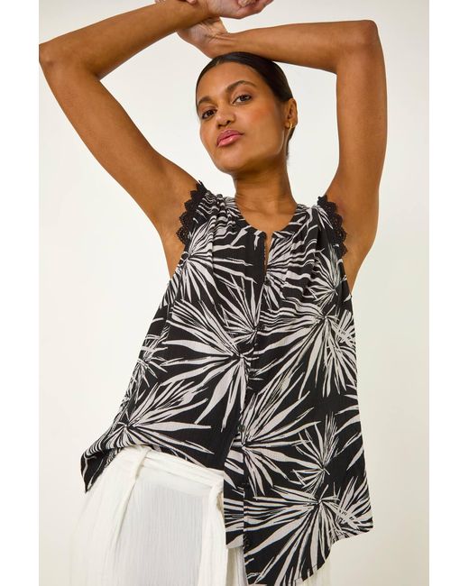 Roman Black Leaf Print Lace Detail Blouse