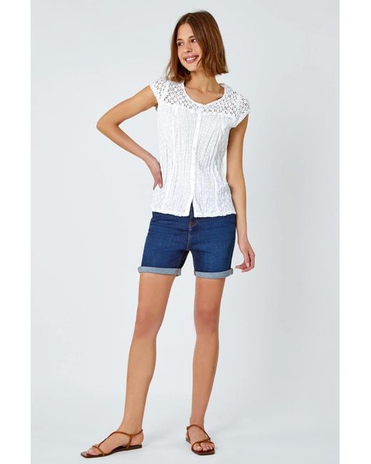 Roman White Lace Yoke Cap Sleeve Crinkle Blouse