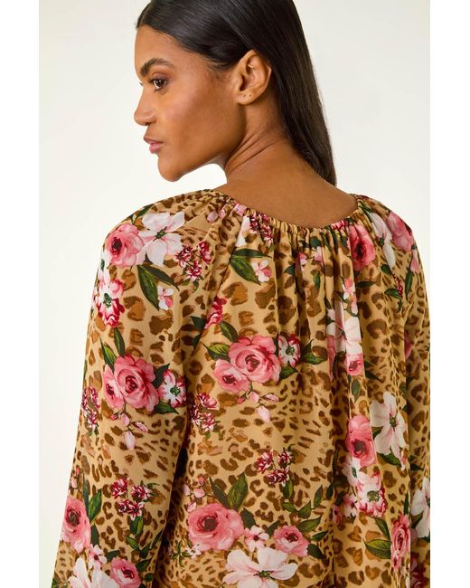 Roman Brown Animal Floral Print Tunic Top