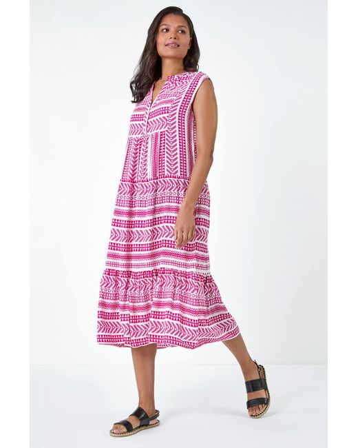 Roman Pink Aztec Print Tiered Midi Smock Dress