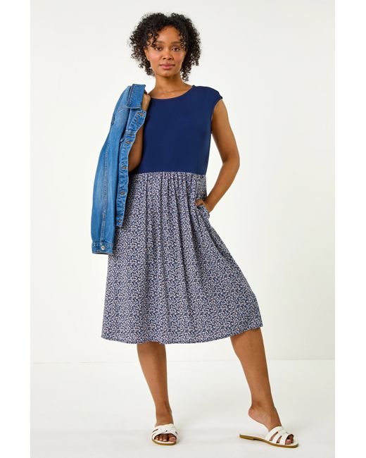 Roman Petite Blue Paisley Contrast Skirt Pocket Dress