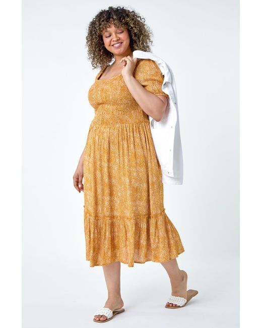 Roman Yellow Curve Printed Crinkle Shirred Midi Dress