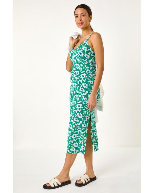 Roman Green Floral Strappy Stretch Midi Dress