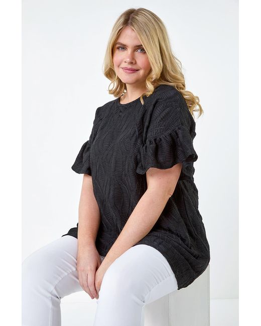 Roman Curve Black Textured Frill Detail Stretch T-Shirt