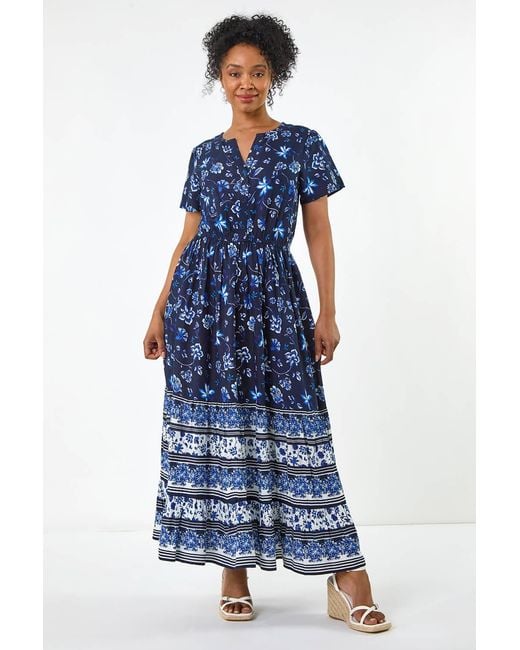 Roman Petite Blue Floral Print Midi Dress