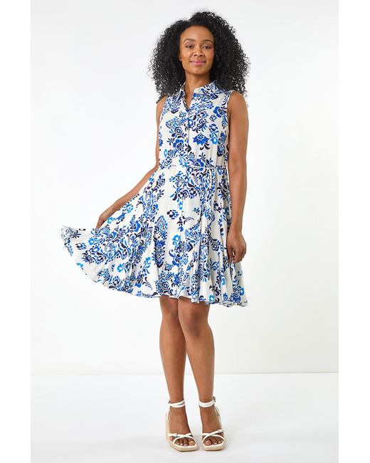 Roman Petite Blue Floral Print Tie Waist Dress