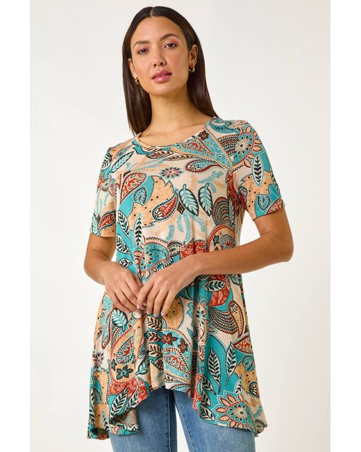Roman Blue Floral Print Hanky Hem Tunic Top