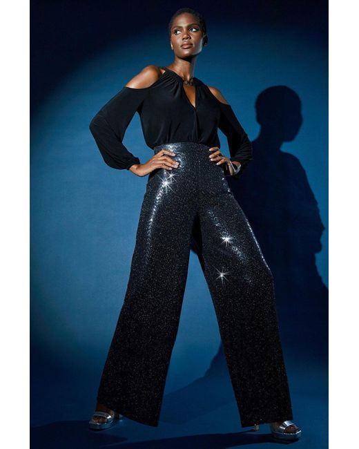 Roman Blue Wide Leg Sequin Stretch Trousers