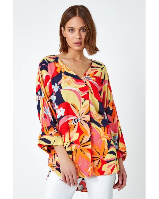 Roman Red Tropical Print Relaxed V-Neck Kimono Top