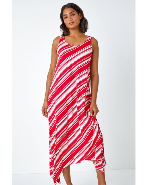 Roman Red Stripe Print Smock Midi Stretch Dress
