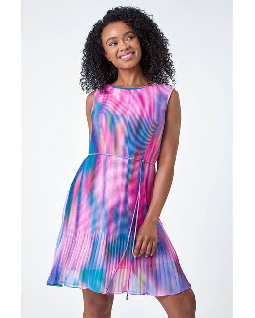 Roman Petite Multicolor Abstract Tie Detail Pleated Dress