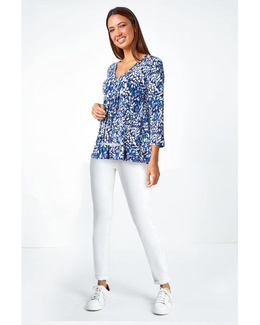 Roman Blue Leaf Print V-Neck Pintuck Tunic Swing Top