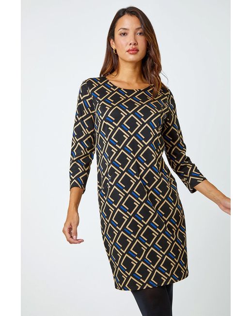 Roman Black Geometric Print Shift Stretch Dress