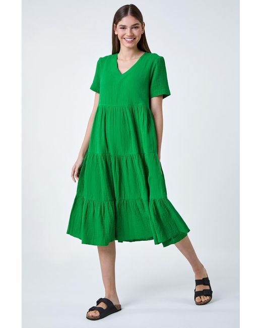 Roman Green Cotton Textured Tiered Midi Dress