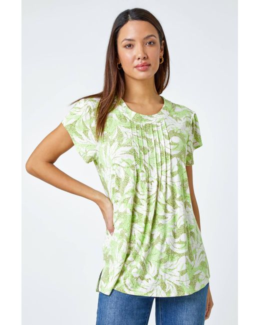 Roman Green Leaf Print Pleated Stretch Top