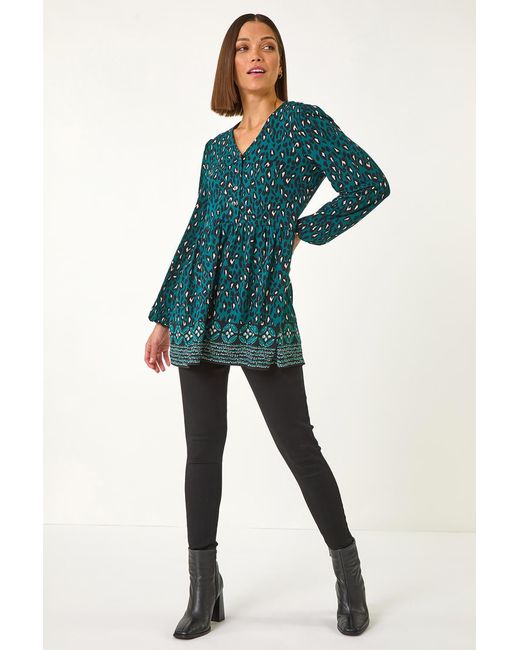Roman Blue Abstract Printed V-Neck Tunic Top