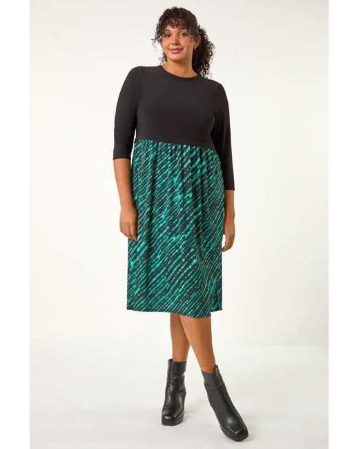Roman Curve Green Contrast Skirt Stretch Dress