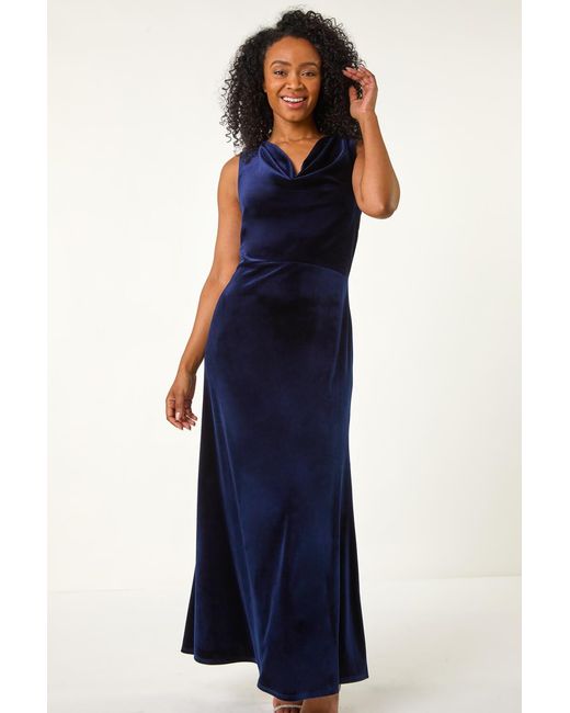 Roman Petite Blue Cowl Neck Velvet Stretch Maxi Dress