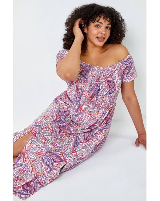 Roman Curve Pink Paisley Print Shirred Stretch Midi Dress