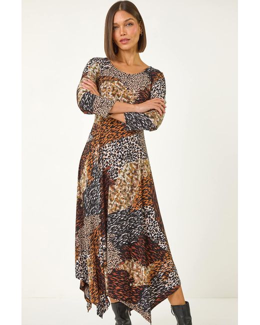 Roman Brown Animal Print Hanky Hem Midi Dress