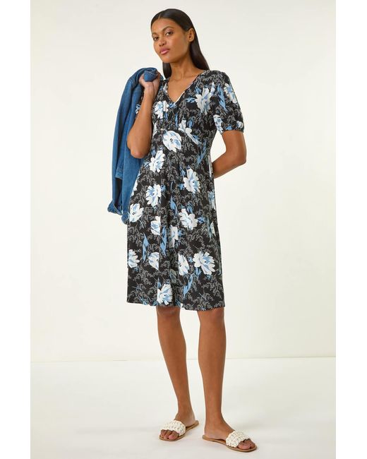 Roman Gray Floral Print V-Neck Stretch Midi Dress