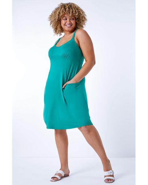 Roman Curve Blue Strappy Pocket Sun Dress