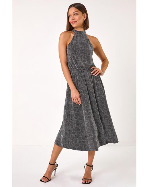 Roman Metallic Sparkle Halter Neck Stretch Midi Dress