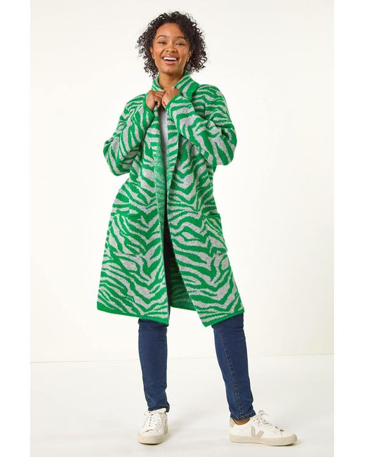 Roman Petite Green Animal Print Knit Coatigan