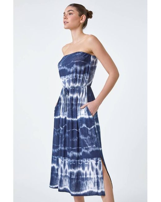 Roman Blue Tie Dye Stretch Bandeau Midi Dress