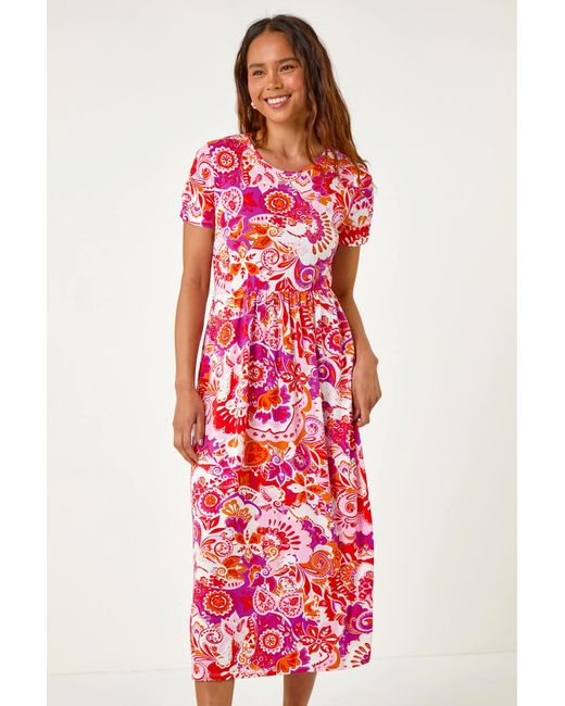 Roman Petite Red Paisley Print Midi Stretch Dress