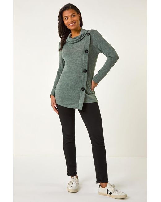 Roman Green Cowl Neck Button Stretch Top