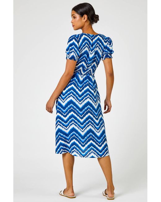 Roman Blue Abstract Zig Zag Pocket Tea Dress