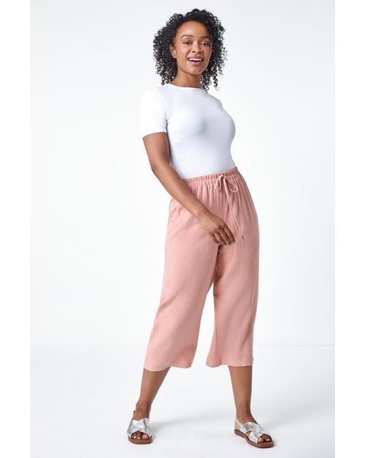 Roman Petite Pink Linen Mix Wide Cropped Trousers