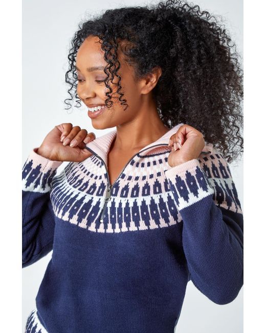 Roman Petite Blue Fairisle Zip Detail Jumper