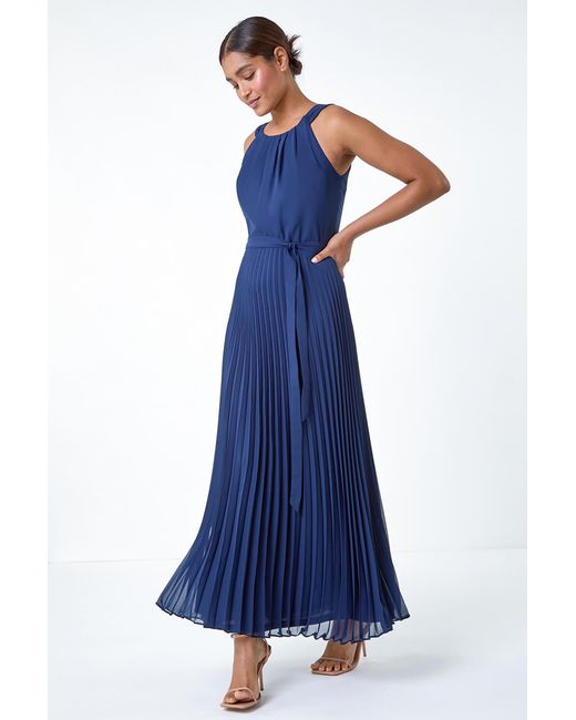 Roman Blue Pleated Halter Neck Maxi Dress