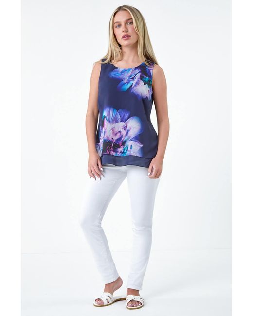 Roman Petite Blue Floral Overlay Sleeveless Top