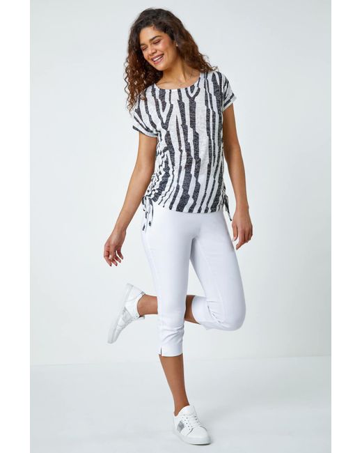 Roman White Abstract Stripe Side Tie Stretch Top