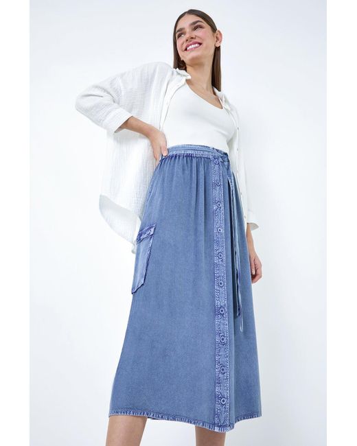 Roman Blue Button Front Pocket Skirt