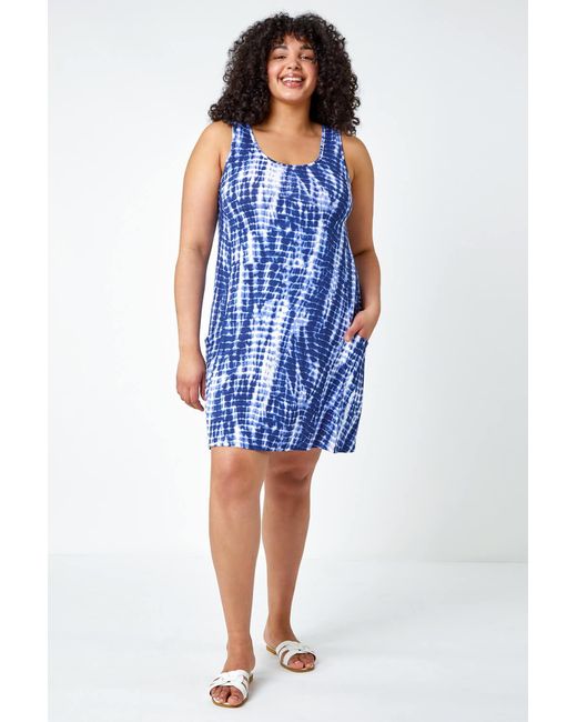 Roman Curve Blue Tie Dye Stretch Swing Dress