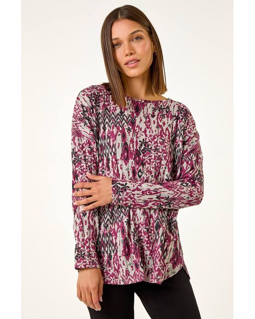 Roman Red Floral Ikat Print Ribbed Top