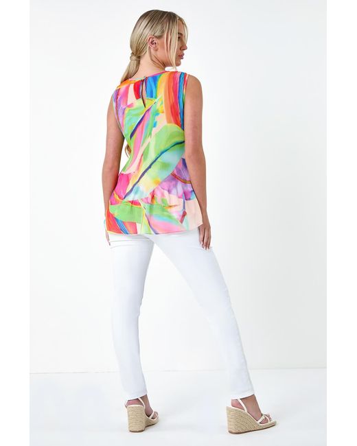 Roman Petite White Abstract Pleated Vest Top