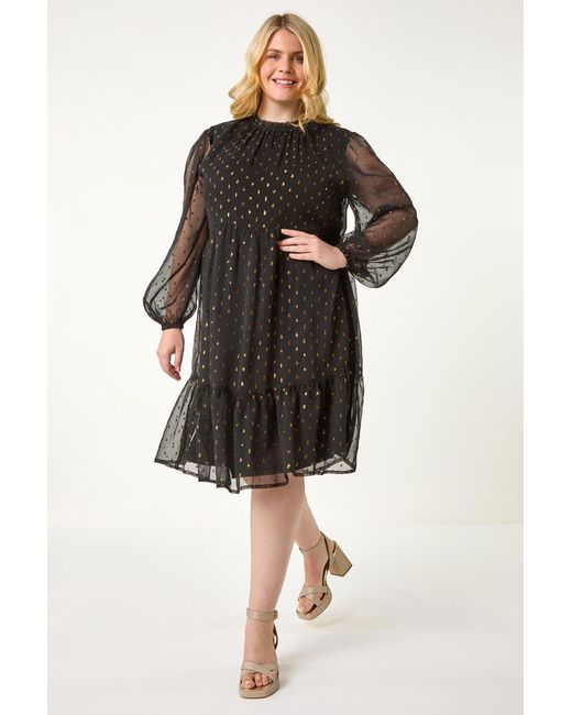 Roman Curve Black High Neck Metallic Overlay Swing Dress