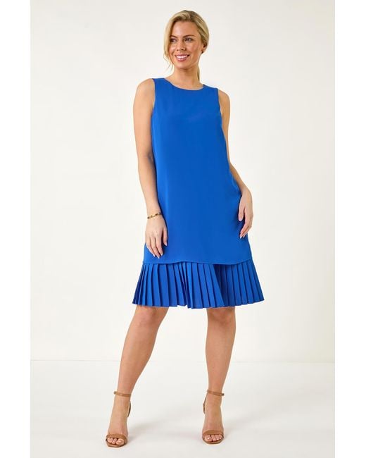 Roman Petite Blue Pleated Hem Shift Dress