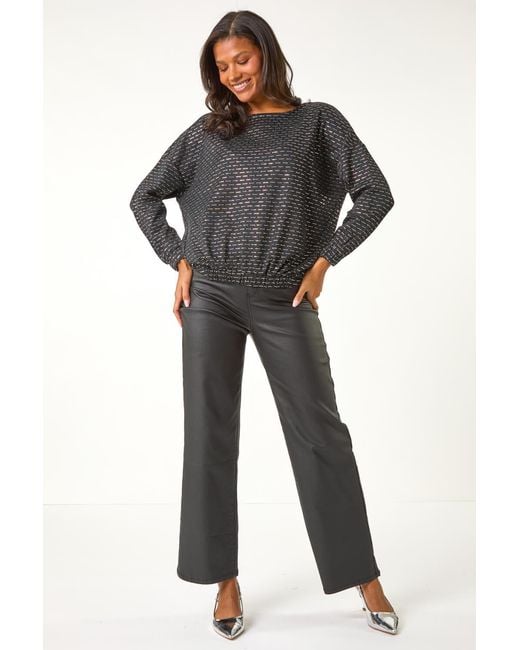 Roman Black Metallic Bubble Hem Stretch Top