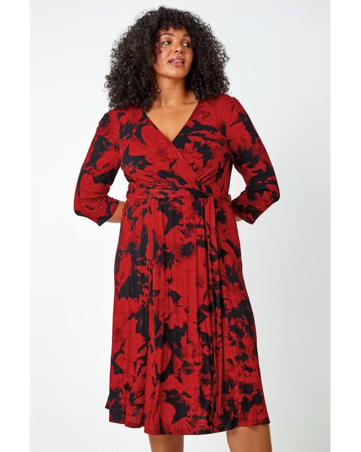 Roman Curve Red Floral Stretch Wrap Midi Dress