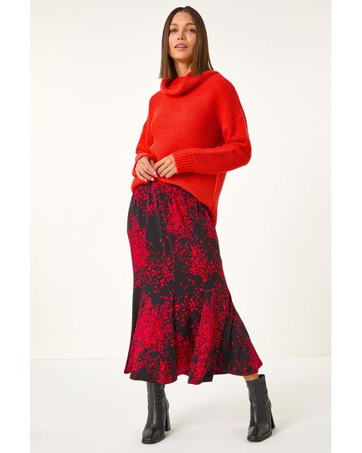 Roman Red Abstract Print Asymmetric Stretch Skirt