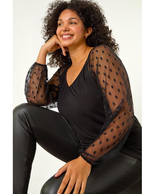 Roman Curve Black Mesh Spot Sleeve Top