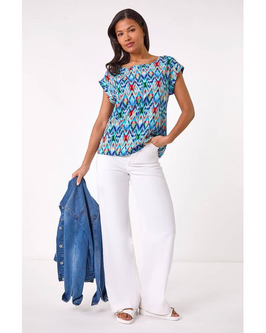 Roman Blue Abstract Print Shell Top
